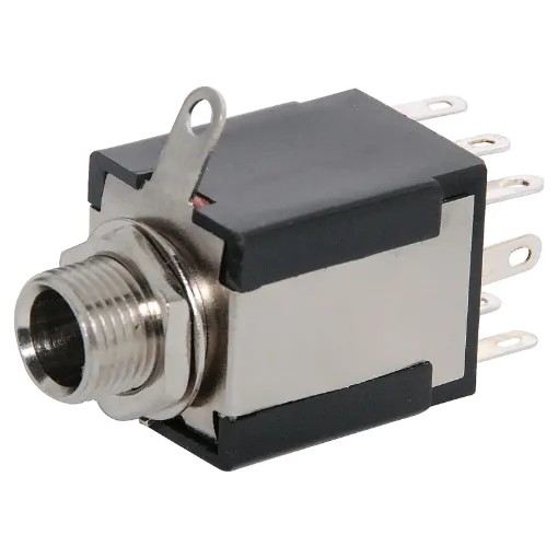 6.35mm chassis mount stereo socket with DPDT isolated switch. Mounting hole 9mm dia.