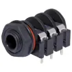 6.35mm PCB mount stereo socket with 3PST switched contacts. Insulated from Chassis. Mounting Hole 11mm dia.