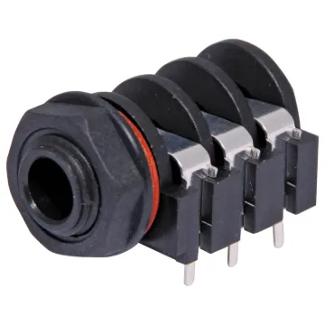 6.35mm PCB mount stereo socket with 3PST switched contacts. Insulated from Chassis. Mounting Hole 11mm dia.