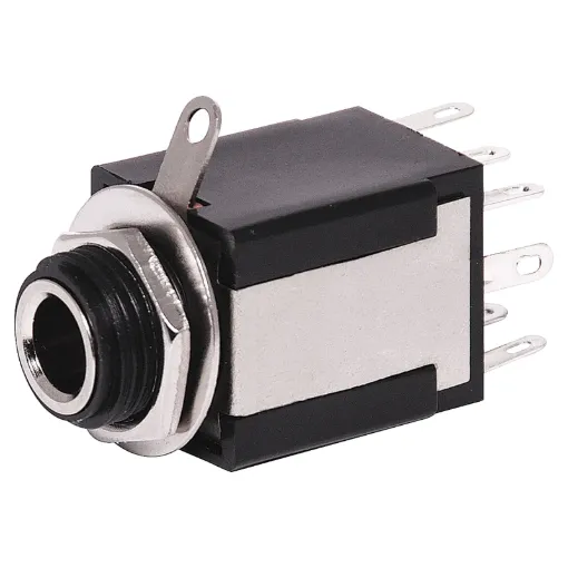 6.35mm chassis mount insulated stereo socket with DPDT 
isolated switch. Mounting hole 12mm. Insulated from chassis.