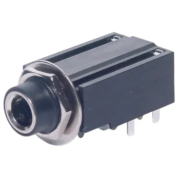 6.35mm insulated PCB mount stereo socket with DPDT switched contacts.
Mounting hole 11mm dia.