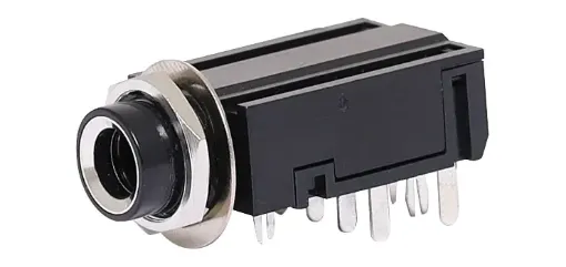 6.35mm insulated PCB mount stereo socket with DPDT switched contacts.
Mounting hole 11mm dia.