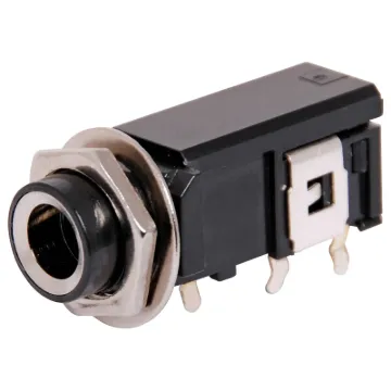 6.35mm insulated PCB mount mono socket with SPST switched contact. Mounting hole 11mm dia.