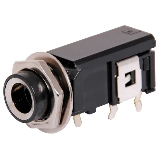 6.35mm insulated PCB mount mono socket with SPST switched contact. Mounting hole 11mm dia.