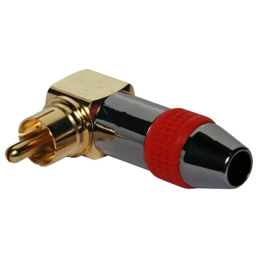 Aluminium 90 deg. RCA connector with 6mm cable entry. Red identifying stripe
