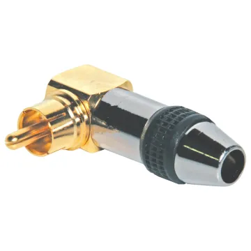 Aluminium 90 deg. RCA connector with 6mm cable entry. Black identifying stripe
