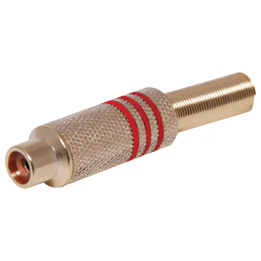 Gold plated RCA Line socket with strain relief spring and solder connections. Maximum cable entry size 7mm dia.. Red identifying stripe