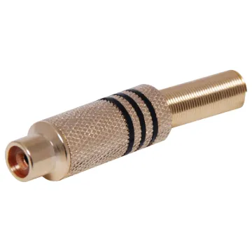 Gold plated RCA Line socket with strain relief spring and solder connections. Maximum cable entry size 7mm dia.. Black identifying stripe