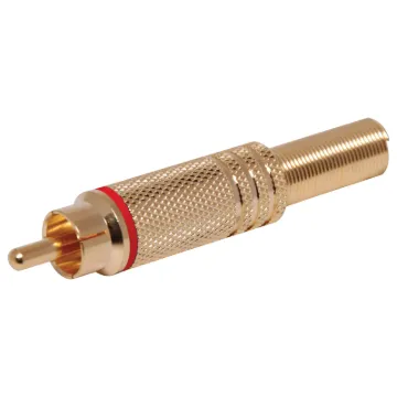Gold plated RCA Line plug with strain relief spring and solder connections. Maximum cable entry size 7mm dia.. Red identifying stripe