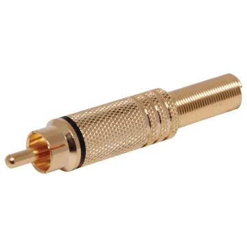 Gold plated RCA Line plug with strain relief spring and solder connections. Maximum cable entry size 7mm dia.. Black identifying stripe