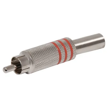 Aluminium plated RCA Line plug with strain relief spring and solder connections. Maximum cable entry size 7mm. Red identifying stripe