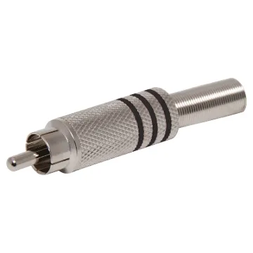 Aluminium plated RCA Line plug with strain relief spring and solder connections. Maximum cable entry size 7mm. Black identifying stripe