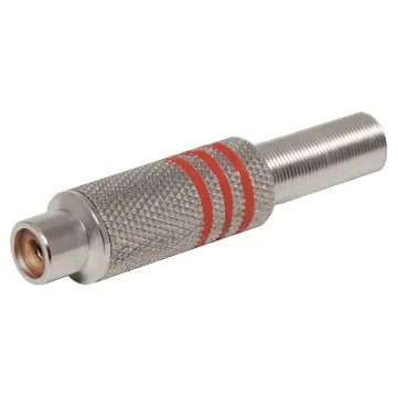 Aluminium plated RCA Line socket with strain relief spring and solder connections. Maximum cable entry size 7mm. Red identifying stripe