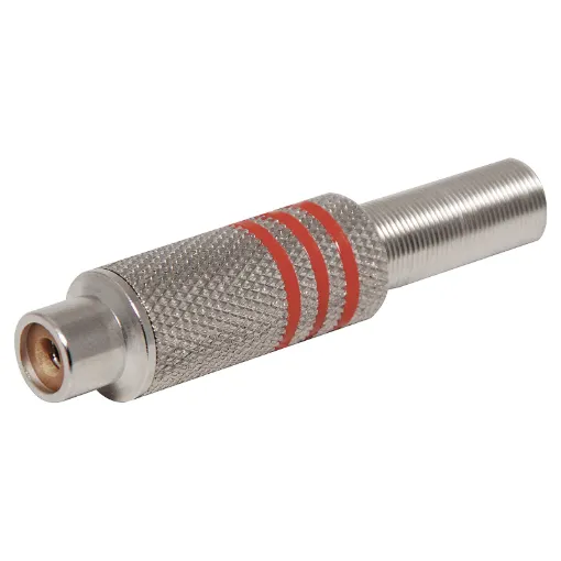 Aluminium plated RCA Line socket with strain relief spring and solder connections. Maximum cable entry size 7mm. Red identifying stripe