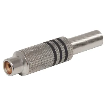 Aluminium plated RCA Line socket with strain relief spring and solder connections. Maximum cable entry size 7mm. Black identifying stripe