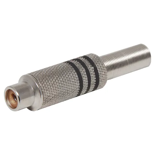 Aluminium plated RCA Line socket with strain relief spring and solder connections. Maximum cable entry size 7mm. Black identifying stripe