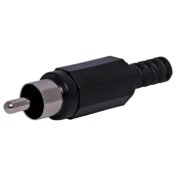 Plastic RCA line connector with strain relief. Maximum cable entry size 5mm Ø. Black.