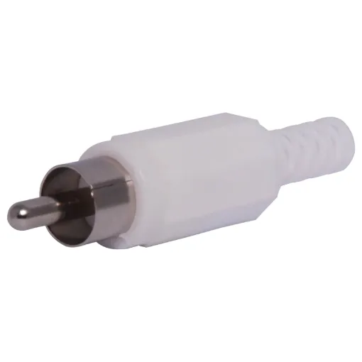 Plastic RCA line connector with strain relief. Maximum cable entry size 5mm Ø. White.