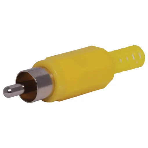 Plastic RCA line connector with strain relief. Maximum cable entry size 5mm Ø. Yellow.