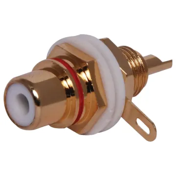 Gold plated single hole mount sockets. Insulated from chassis. Mounting hole 9.4mm . Red identifying stripe.