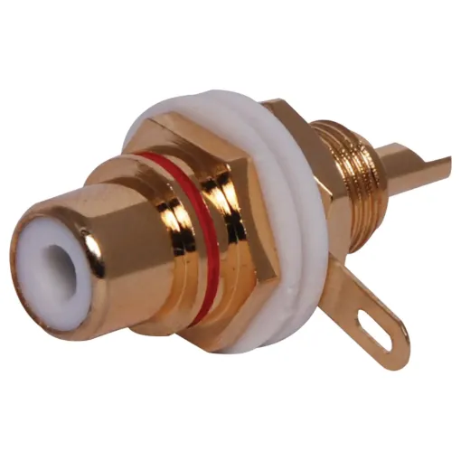 Gold plated single hole mount sockets. Insulated from chassis. Mounting hole 9.4mm . Red identifying stripe.