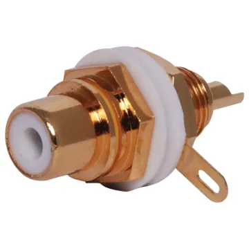 Gold plated single hole mount sockets. Insulated from chassis. Mounting hole 9.4mm . Yellow identifying stripe.