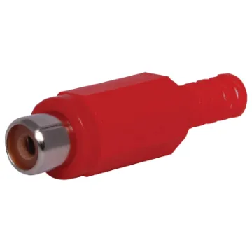Plastic RCA line connector with strain relief. Maximum cable entry size 5mm Ø. Red.