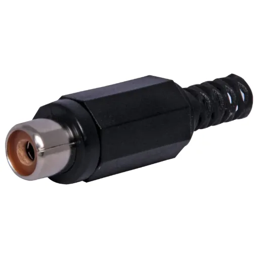 Plastic RCA line connector with strain relief. Maximum cable entry size 5mm Ø. Black.