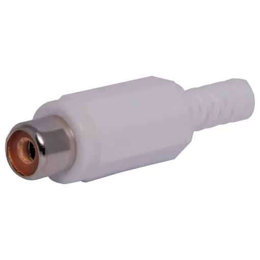 Plastic RCA line connector with strain relief. Maximum cable entry size 5mm Ø. White.