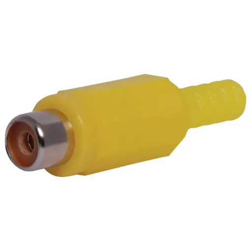 Plastic RCA line connector with strain relief. Maximum cable entry size 5mm Ø. Yellow.