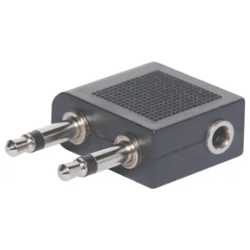 3.5mm aircraft seat adaptor. Allows you to use your own headphones in many commercial airliners.  2 x 3.5mm mono plug to 3.5mm stereo socket.