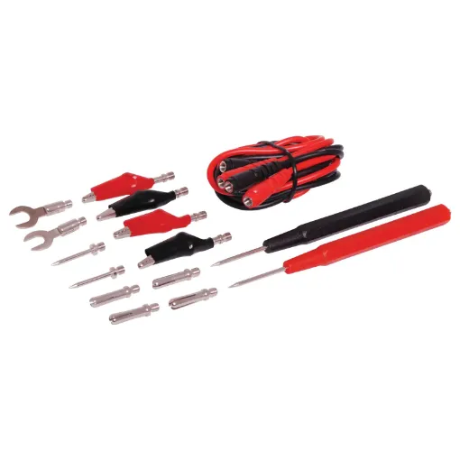 Includes 2 leads which are ready to accept a range of screw-on fittings.
Set includes:4 x Croc Clips2 x Pin Plugs2 x Hand Probes4 x Banana Plugs2 x Fork Connectors