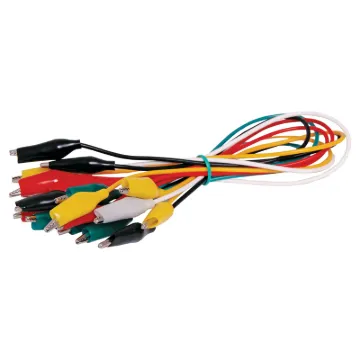 Handy test leads. Pack of 10.
Contains 2 each of red, white, black, green, yellow.
Length:  ≈275mm
