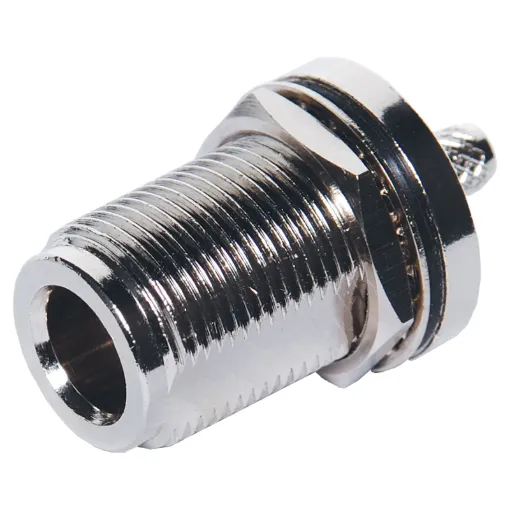 Panel Mount socket  to suit RG58U coax. Crimp connection.
As used in RF 2-way radio communications equipment. Requires 15mm panel hole.