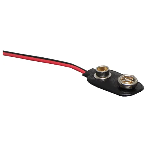 Battery snap clip to suit 9V batteries. These can also be used to connect to some of our battery holders which include an integral battery snap.