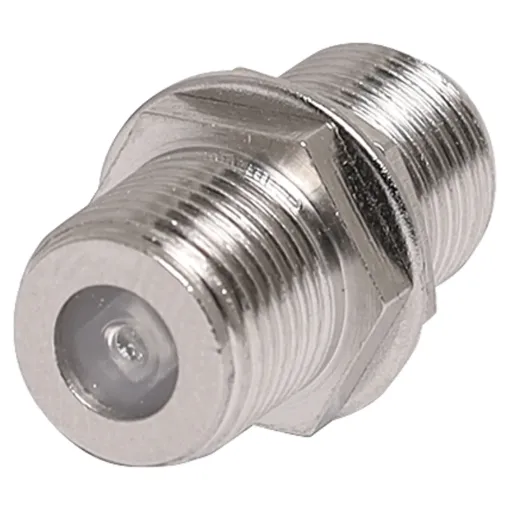 Female to Female F type connector joiner. Threaded type with two nuts for securing to chassis.