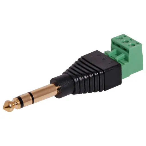 A 6.35mm Stereo plug with a 2.54mm pitch 3 way screw terminal mounted on the rear. Perfect for when there is no soldering iron handy.