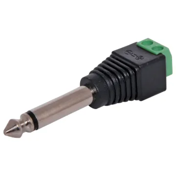 A 6.35mm mono plug with a 2.54mm pitch 2 way screw terminal mounted on the rear. Perfect for when there is no soldering iron handy.