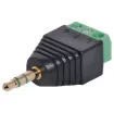 A 3.5mm Stereo plug with a 2.54mm pitch 3 way screw terminal mounted on the rear. Perfect for when there is no soldering iron handy.