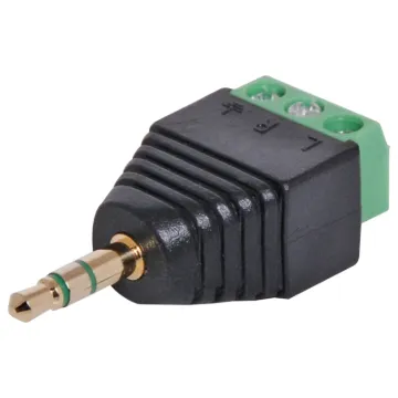 A 3.5mm Stereo plug with a 2.54mm pitch 3 way screw terminal mounted on the rear. Perfect for when there is no soldering iron handy.