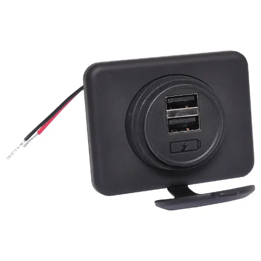 This dual socket mount connects directly to 12V with included flyleads. Features a 65 x 42.5mm mounting facia included (can be used without facia if required). The rubber cap is weatherproof. With the dual outputs you are able to charge 2 devices simultaneously. 50mm spacing between mounting screws. 5mm screws with 9mm countersunk head. 29mm mounti