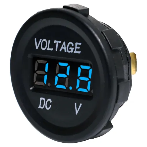 This panel meter features a measuring range of 5-32V direct current and a working voltage of 12-24V direct current. 27Ømm mounting hole. Only 6.35mm deep.