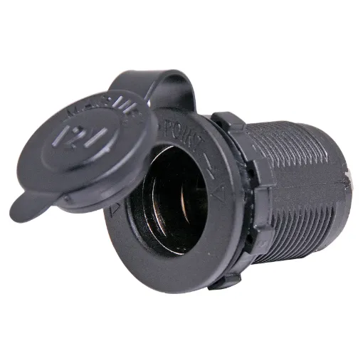 28mm mounting hole. Rubber cap prevents dust buildup inside connector. Thread length 19mm (max material thickness).