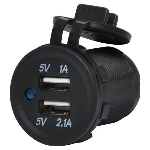 Connects directly to 12V with included flyleads. Fitted with rubber cap to prevent moisture and dust ingress. 3.1A DC max current (shared between the two USB ports). Waterproof, heat resistant and oil proof. Ideal for a range of electronic goods.