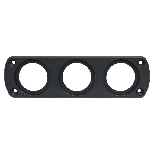 A flush panel mount facia with three holes suitable for mounting P 0675 car accessory socket, P 0677 dual usb charger and P 0672 volt meter. 105W x 43Hmm.