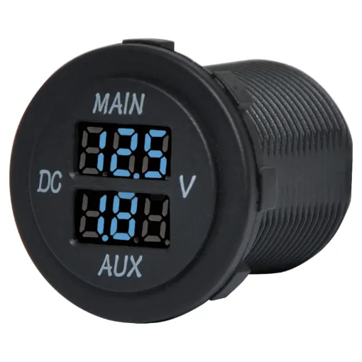 Dual main/aux voltmeters for monitoring batteries. Measures 6-30V DC. 29mm mounting hole. 19mm thread length.