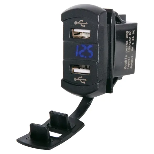 Connects directly to 12-24V with 6.3mm spade terminals. Fitted with rubber cap to prevent ingress. 4.2A DC max current (shared between ports). 6.3mm spade lug connection. Voltage display flashes if battery level drops too low. Panel cutout 21.5 x 36.5