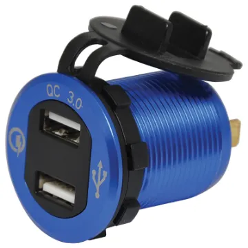 Offers QuickCharge 3.0 compatibility from both ports. Stylish blue aluminium finish with central LED volt meter. 29mm mounting hole. 30mm thread length.