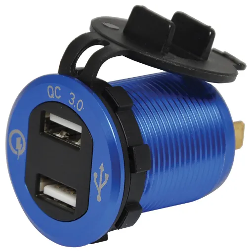 Offers QuickCharge 3.0 compatibility from both ports. Stylish blue aluminium finish with central LED volt meter. 29mm mounting hole. 30mm thread length.