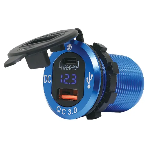A combination Quick Charge 3.0 and 18W USB C power delivery charger for the car, 4WD or caravan.